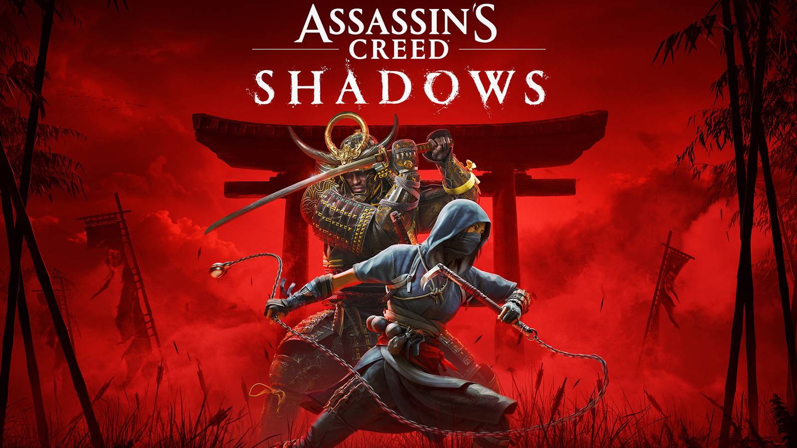 Assassin's Creed Shadows red key art Naoe and Yasuke beneath game logo