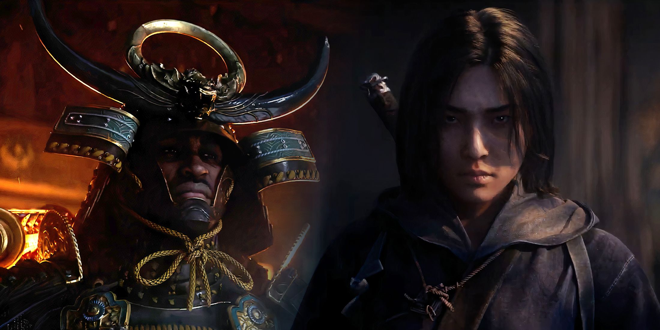 Assassin's Creed Shadows' Yasuke in samurai armor next to Naoe in Assassin cloak