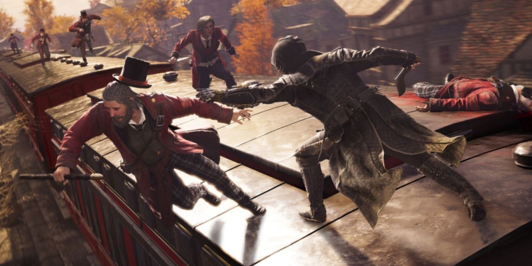 Assassin's Creed Syndicate Jacob fighting on top of a train