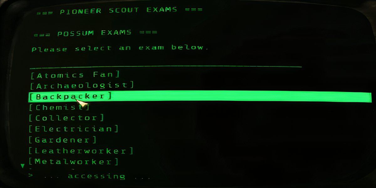 Selecting the Backpacker possum exam in Fallout 76