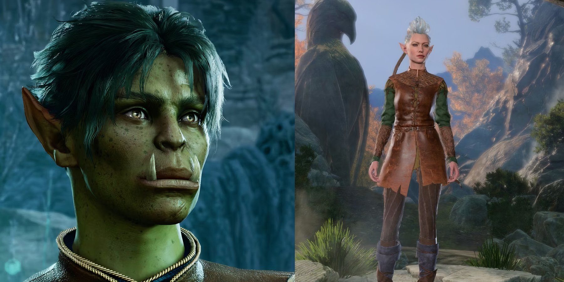 Baldur's Gate 3 split image close up green skinned orc whole body shot elf with blonde hair