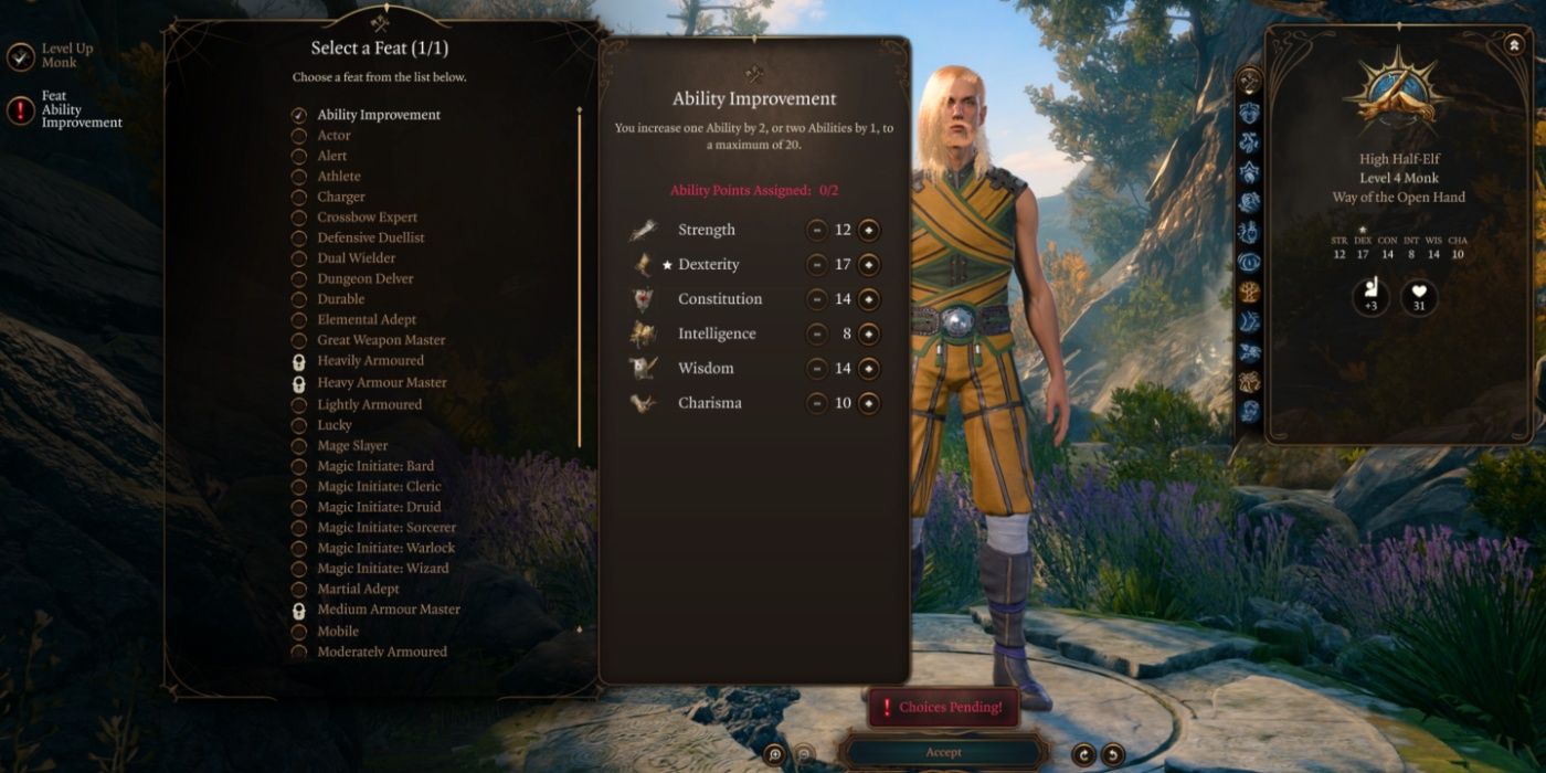 Baldur's Gate 3 feat menu displaying the ability improvement feat