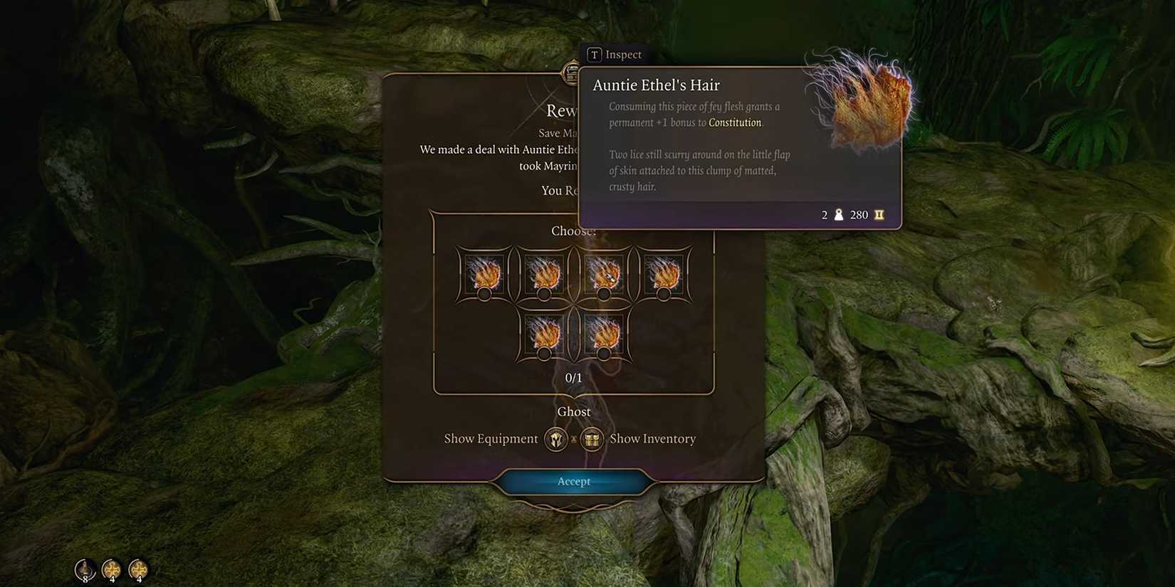 Character choosing Constitution buff after consuming Auntie Ethel's Hair