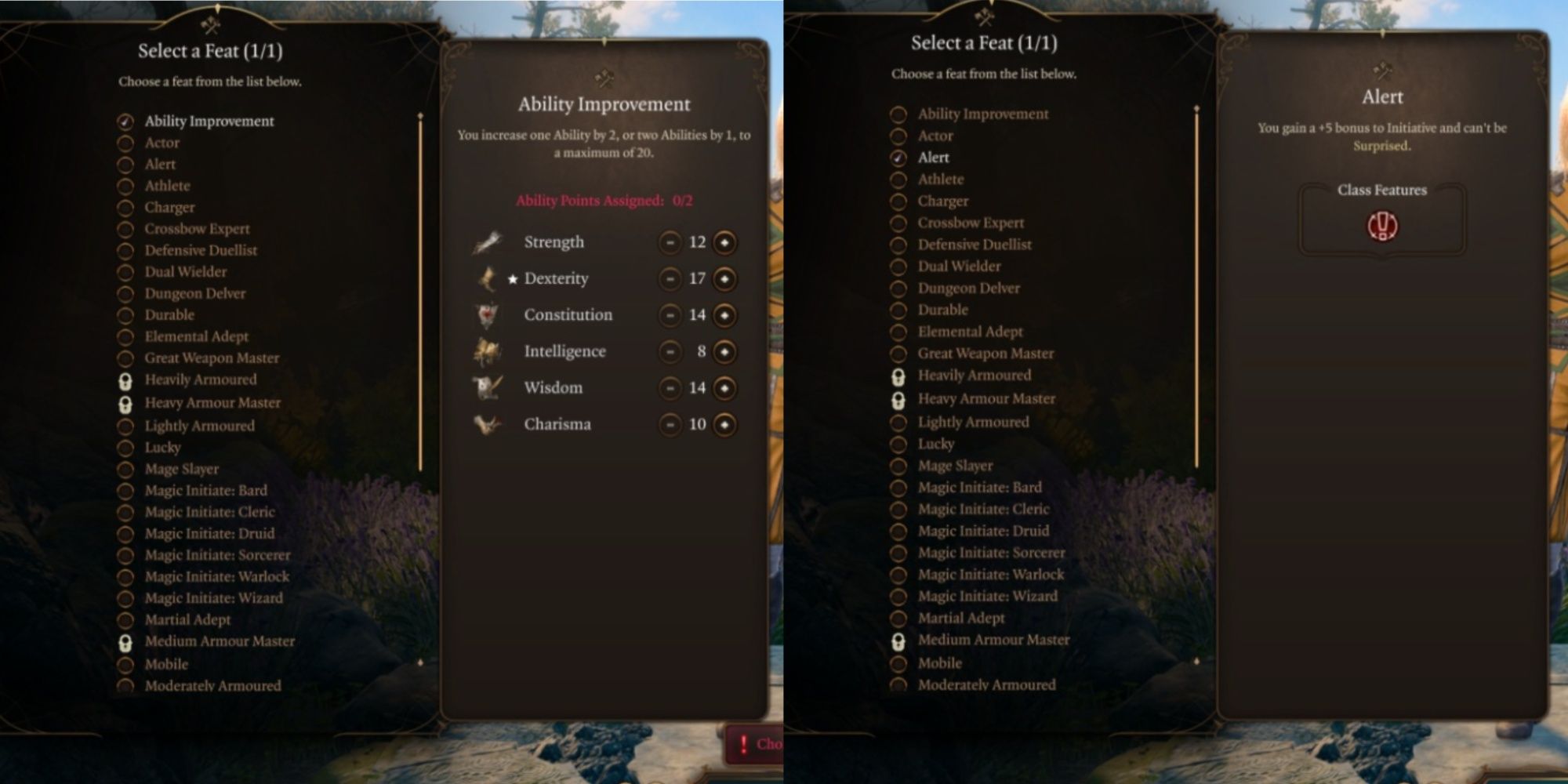 Baldur's Gate 3 feat menu showing different feats