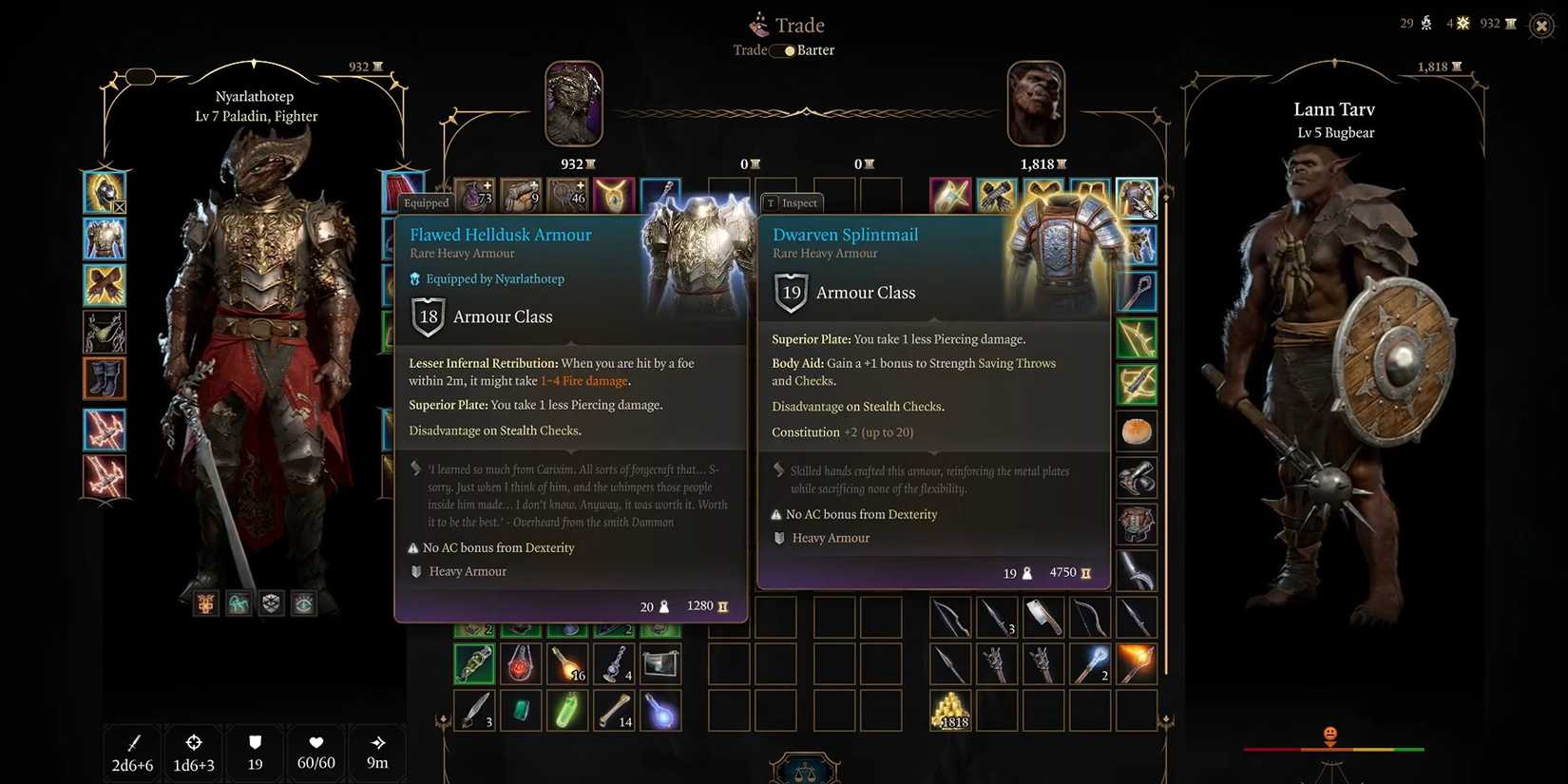 Character browsing the bugbear vendor's inventory to purchase the Dwarven Splintmail armor