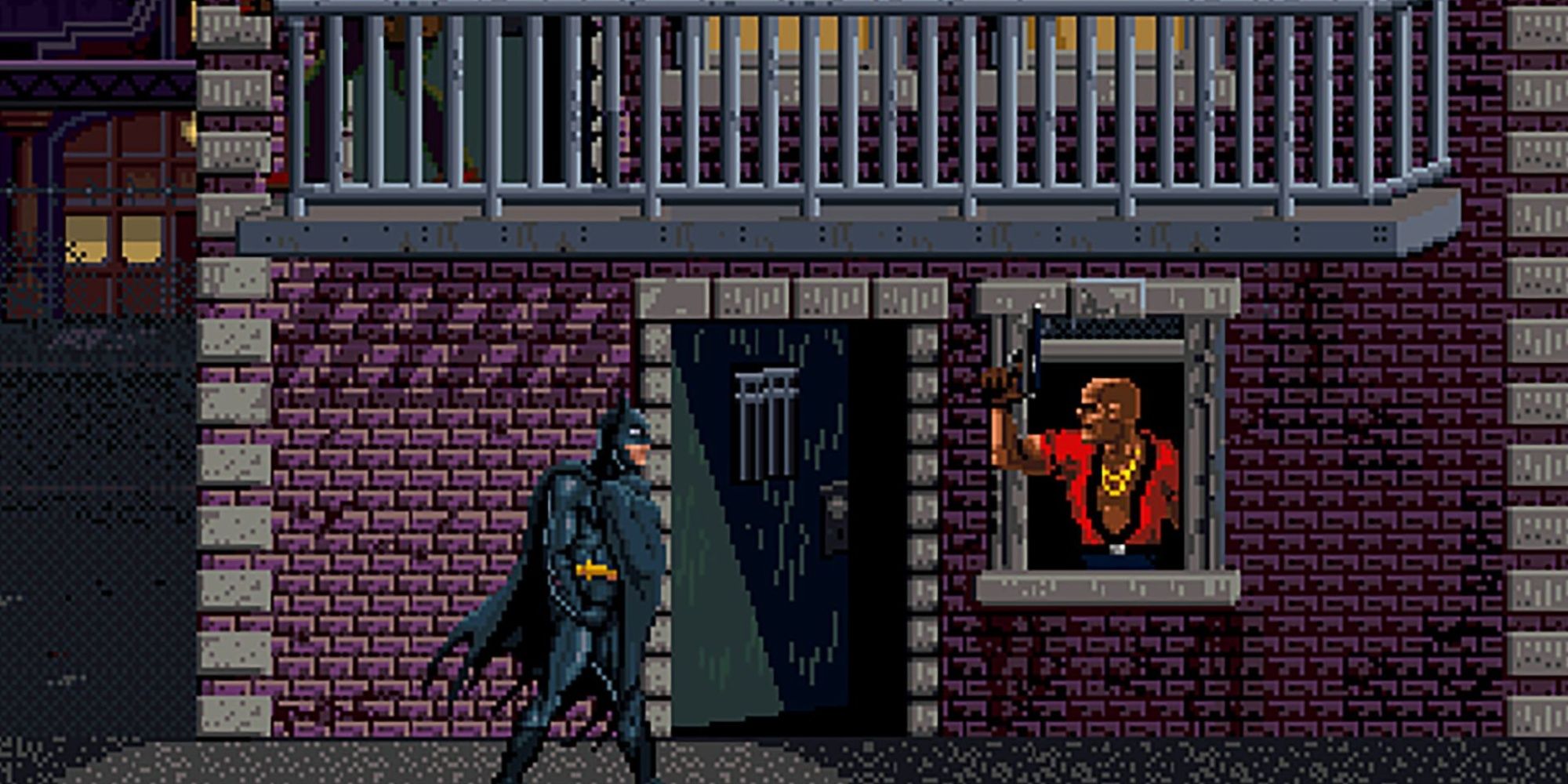 Batman approaching a man with a gun in Batman (1990 Video Game)