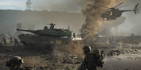 battlefield 2042 tank helicopter and soldiers in a wartorn city