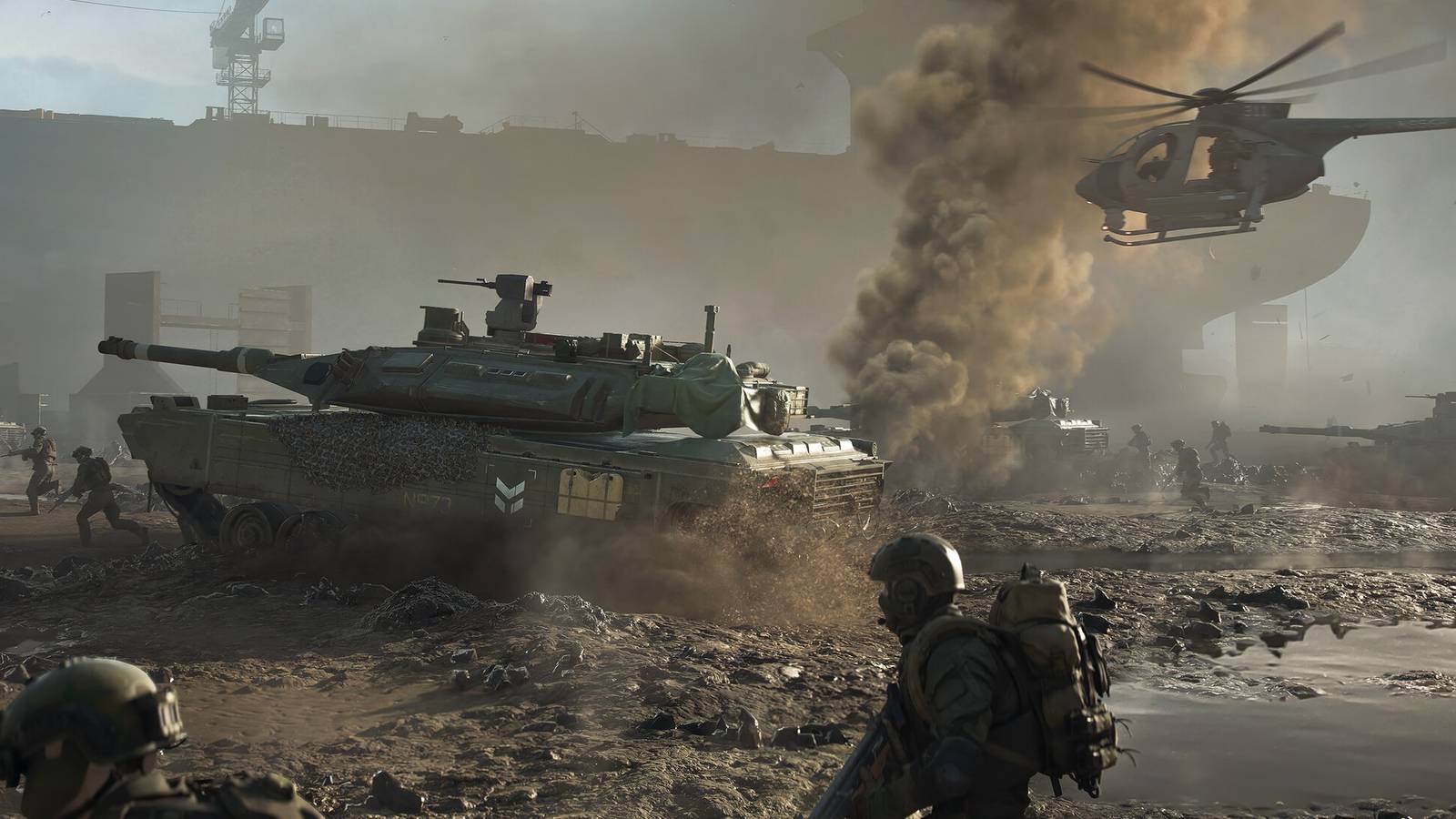 battlefield 2042 tank helicopter and soldiers in a wartorn city