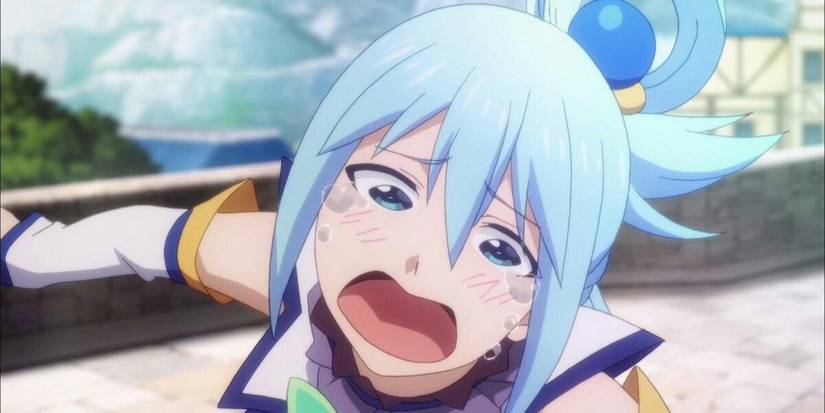 Aqua tilting her head to the side in Konosuba