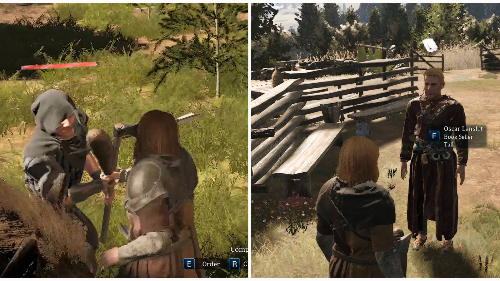 Split image of a character in battle and a character talking to a bookseller in Bellwright