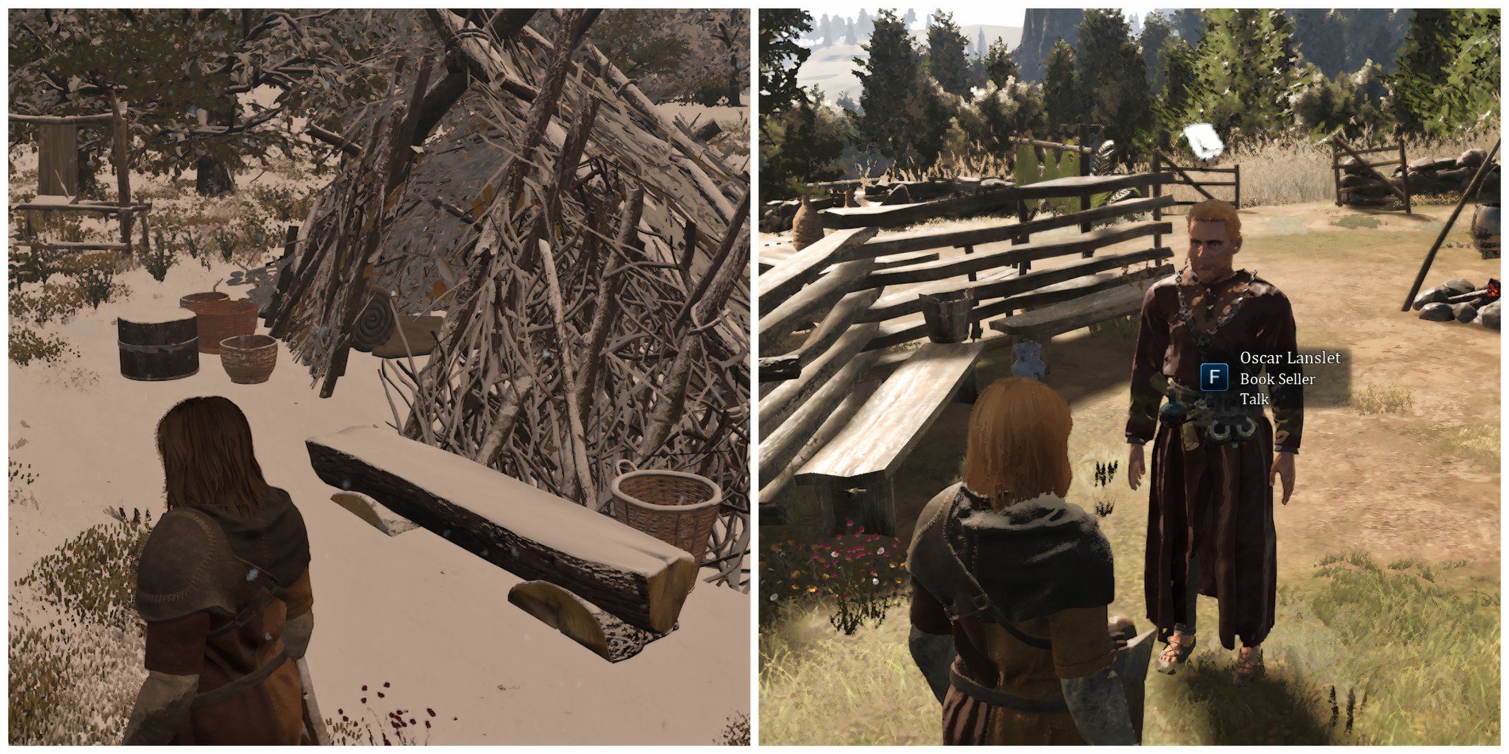 Split image of a personal shack and a bookseller in Bellwright