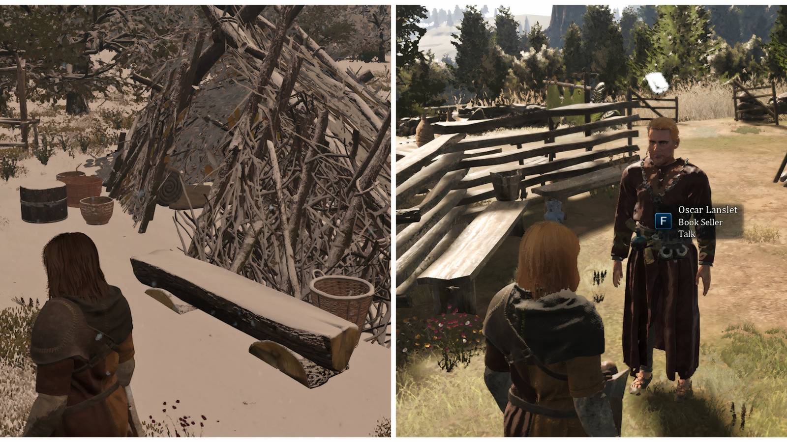 Split image of a personal shack and a bookseller in Bellwright