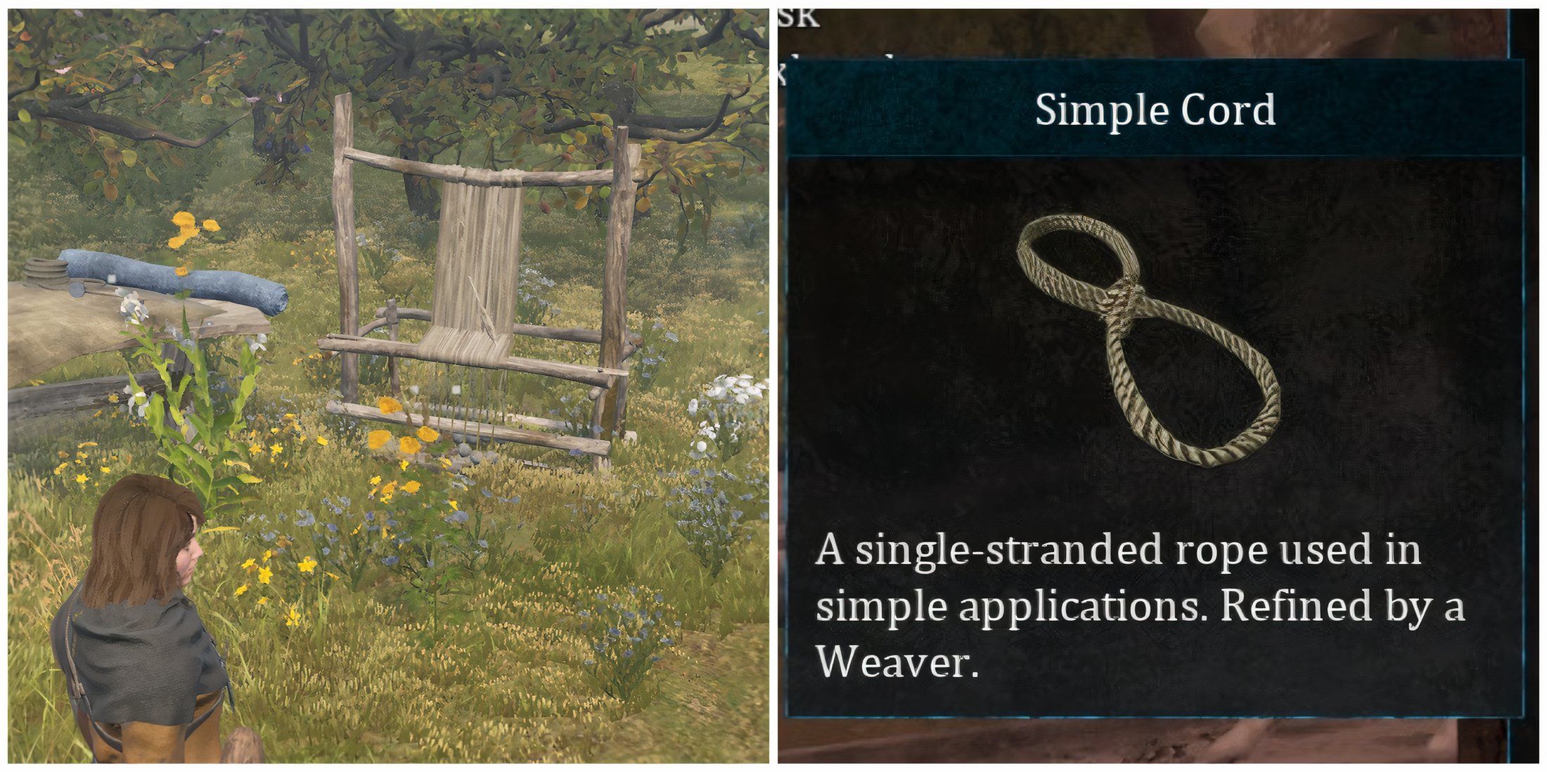 Split image of a Weaver Loom and some Simple Cord in Bellwright