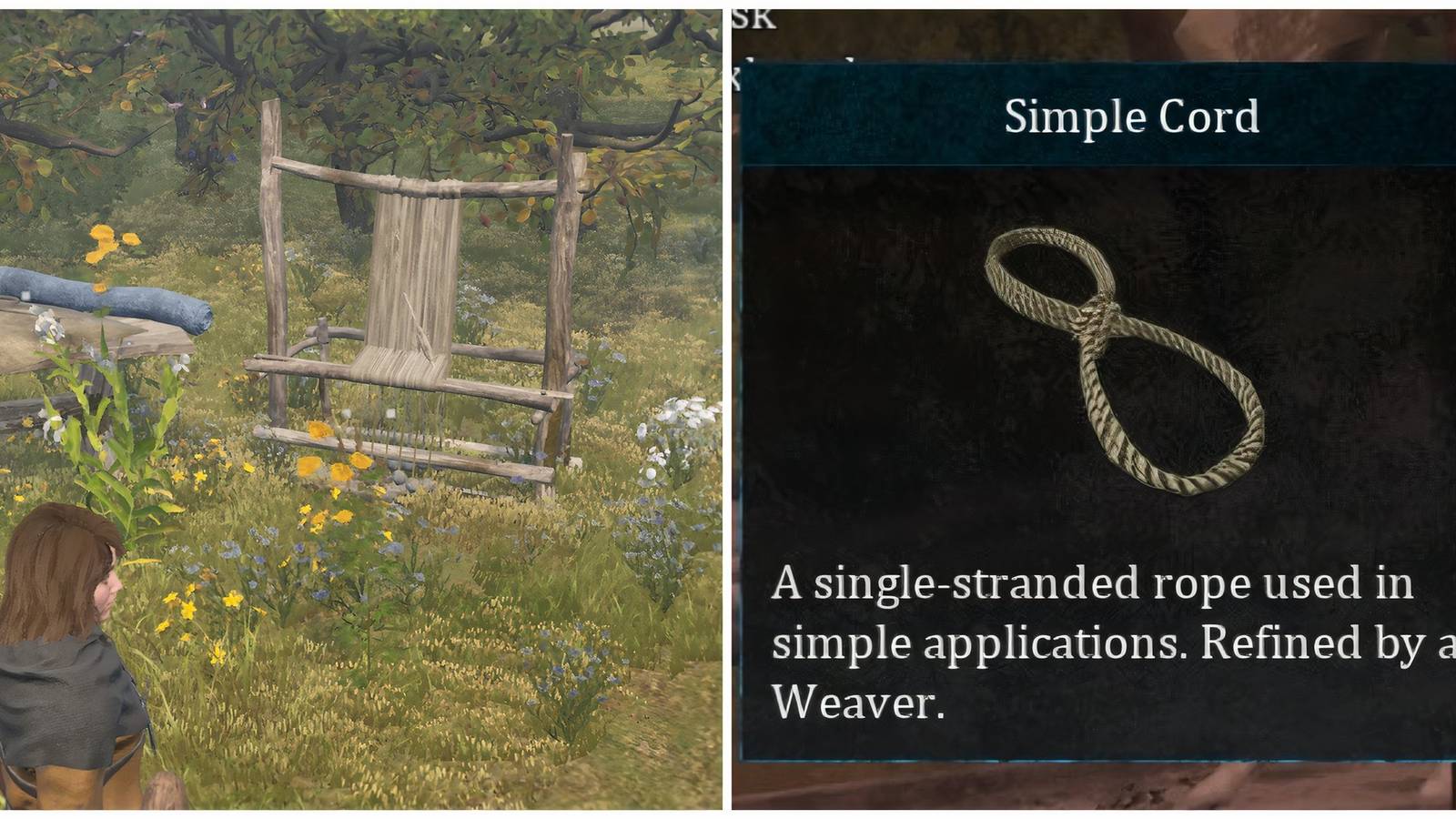 Split image of a Weaver Loom and some Simple Cord in Bellwright