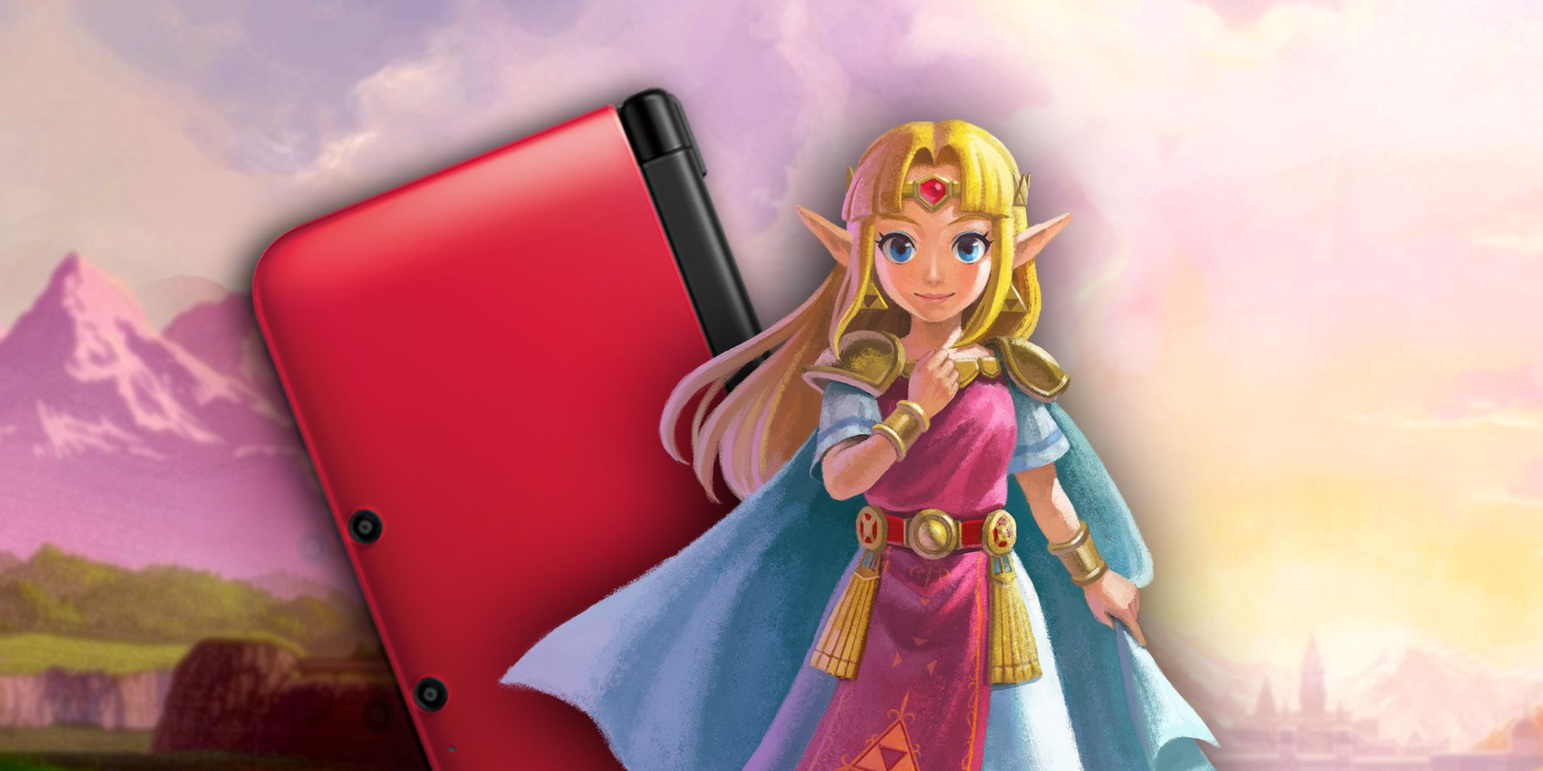 Zelda from A Link Between Worlds standing next to a red 3DS in Hyrule Field