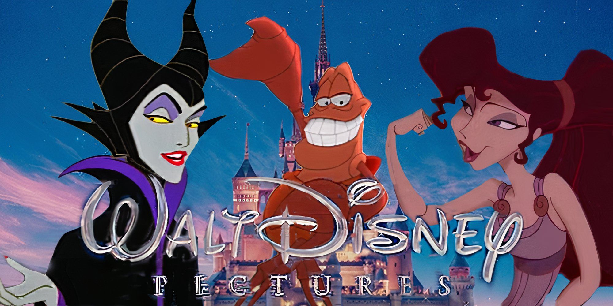 Maleficent, Sebastian and Megara against the Disney logo and backdrop 