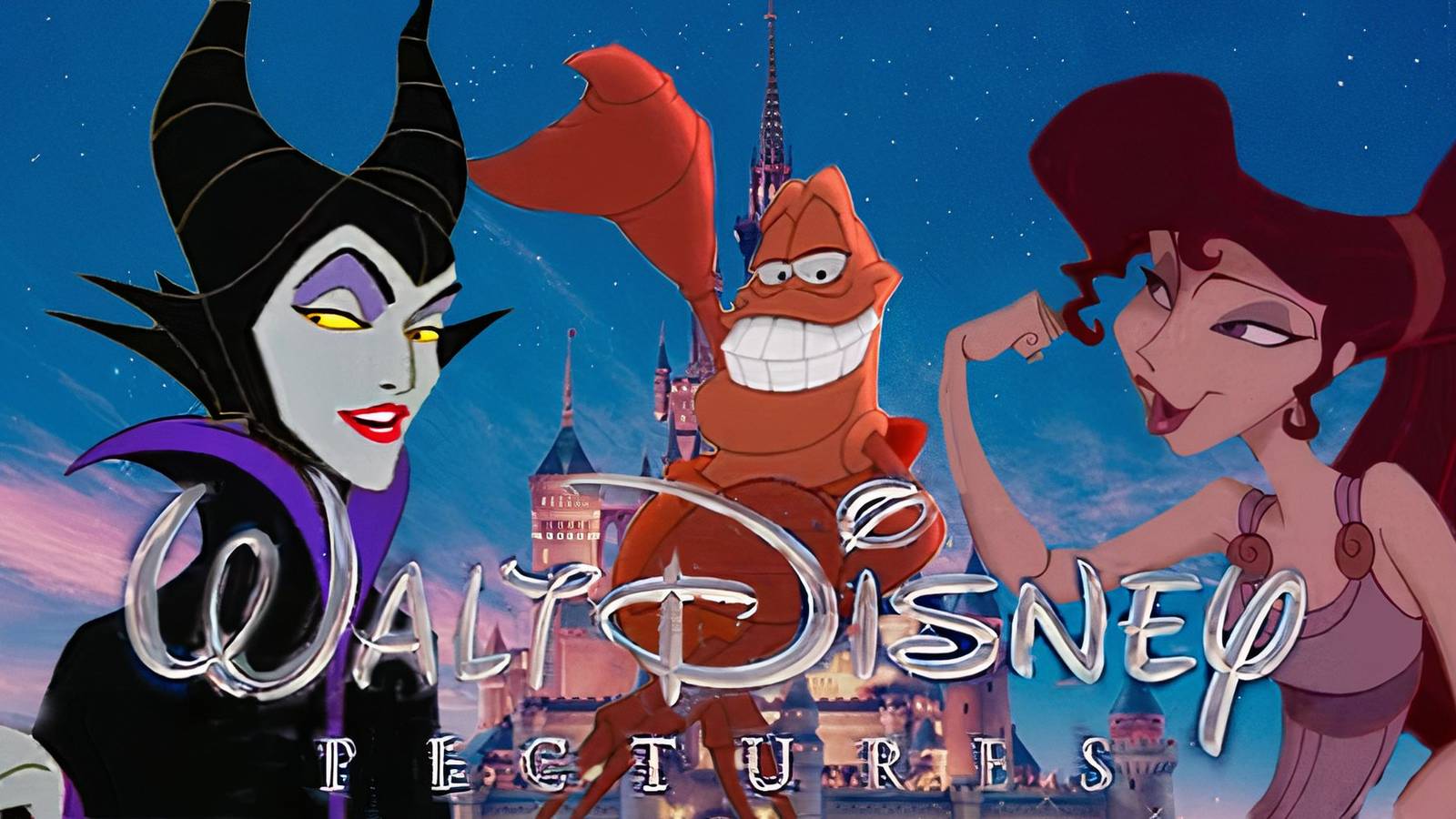 Maleficent, Sebastian and Megara against the Disney logo and backdrop 