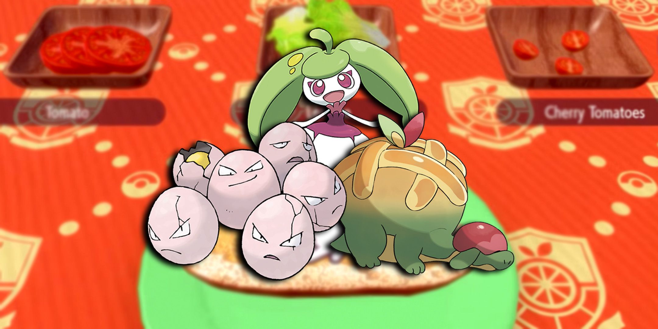 Steenee, Exeggcute, and Appletun standing on sandwich loaf from Pokemon Scarlet