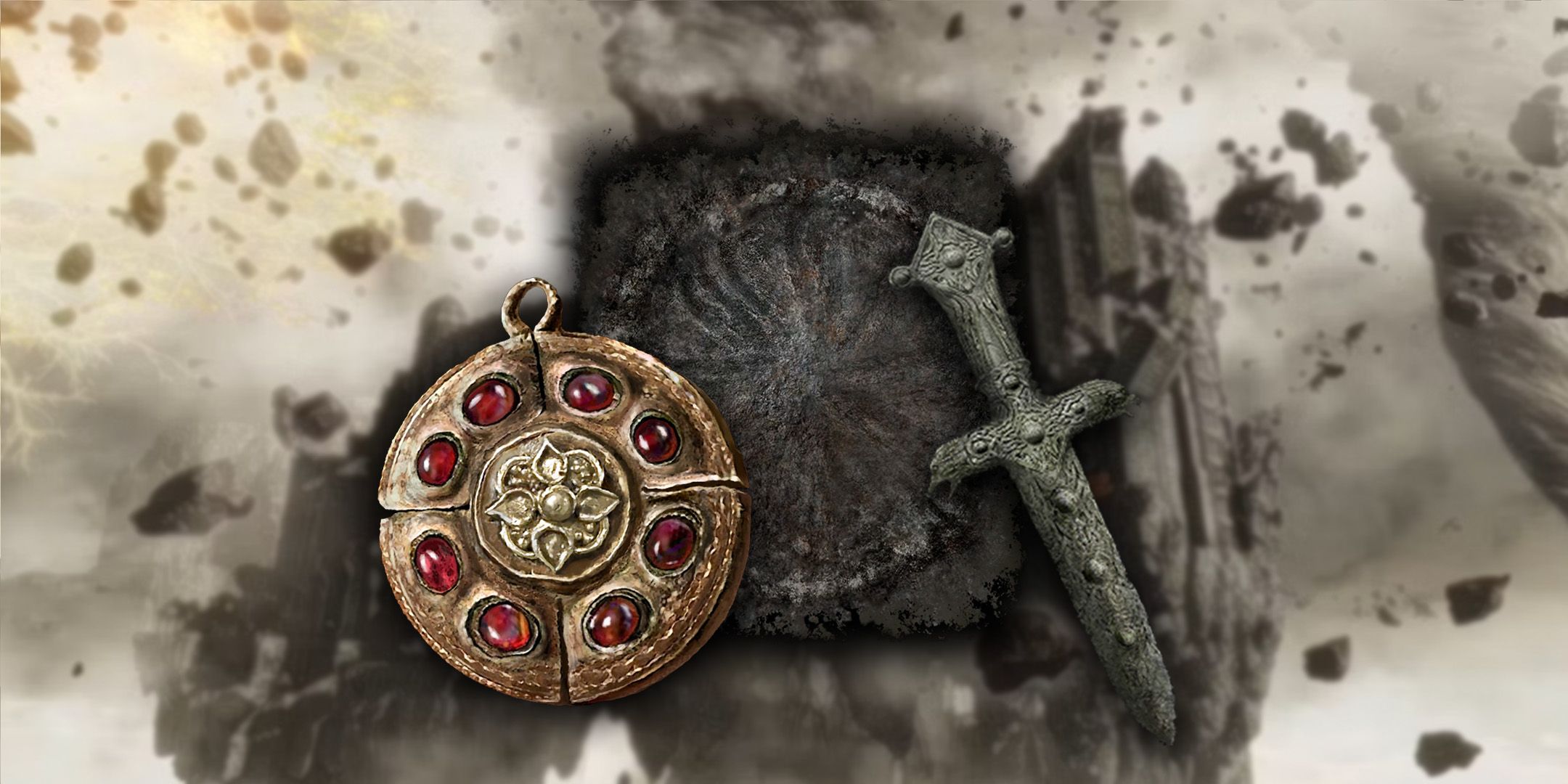 Elden Ring Crimson Medallion, Stonesword Key, and Ash of War