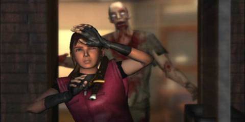 Claire standing, zombie standing behind her in Resident Evil 2