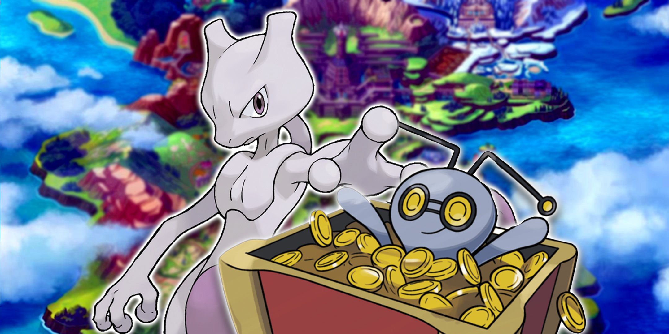 Mewtwo and Gimmighoul Chest form surrounded by coins in front of the region map of Galar