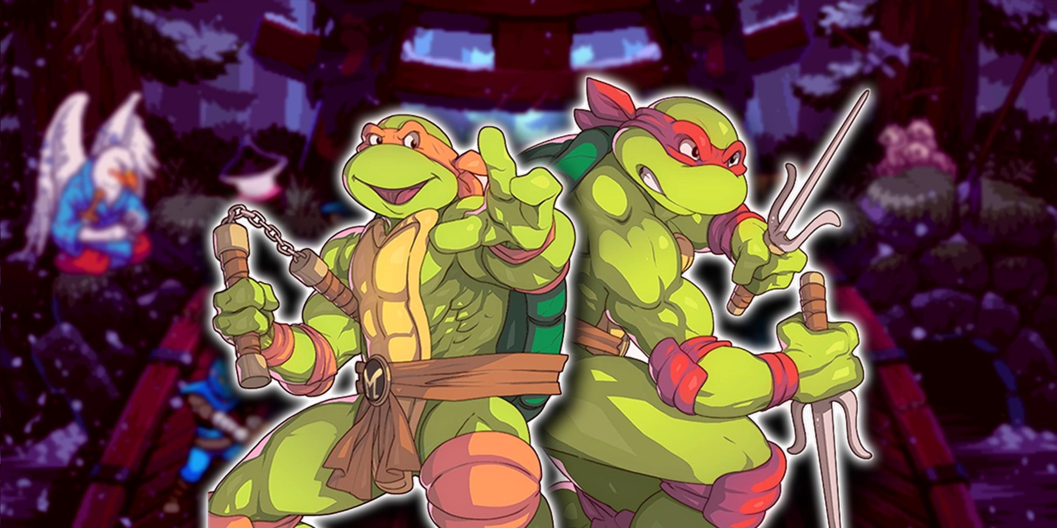Michaelangelo and Raphael holding their weapons standing back to back