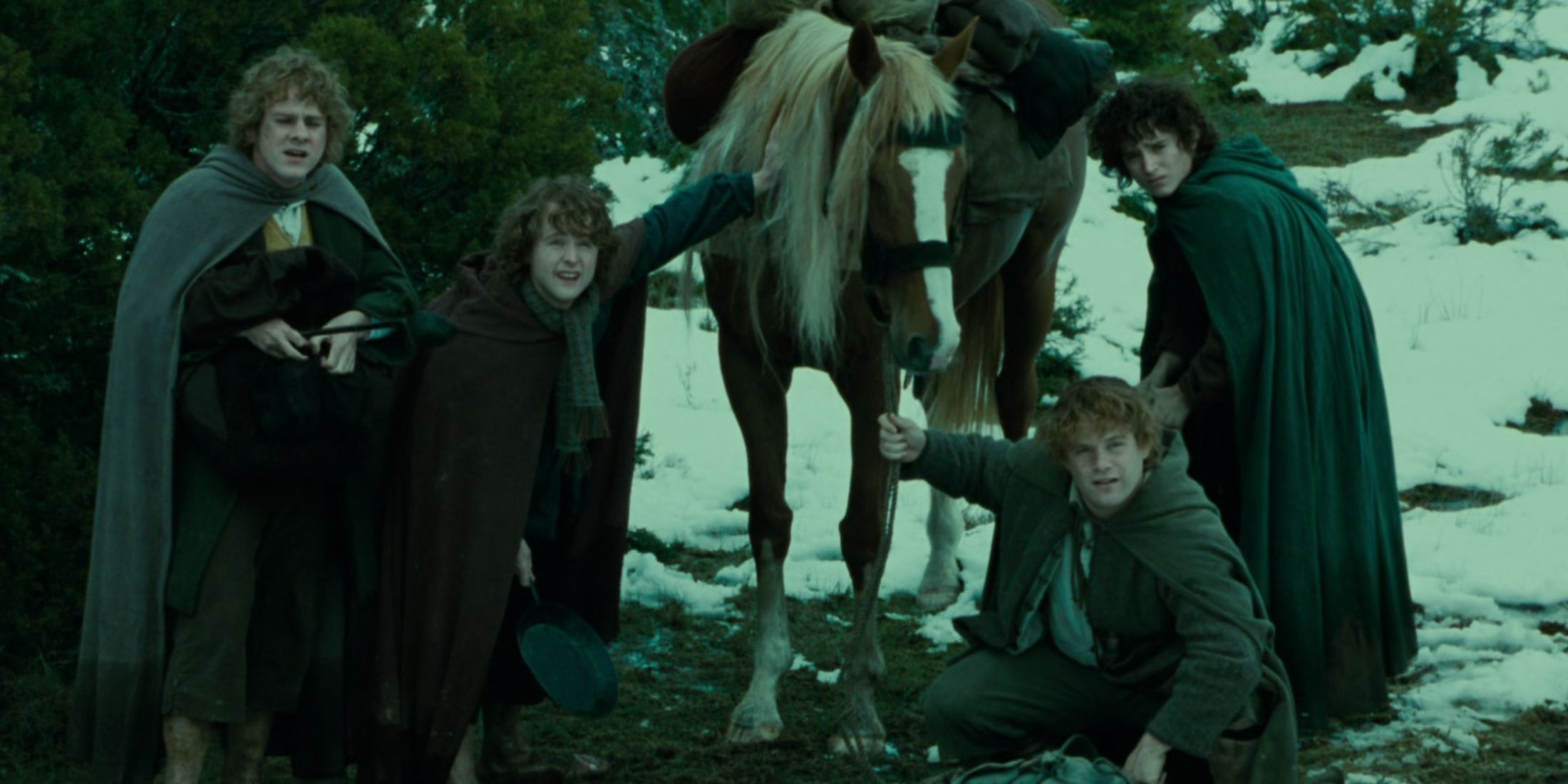 Merry, Pippin, Bill the Pony, Sam, and Frodo in The Lord of the Rings: The Fellowship of the Ring