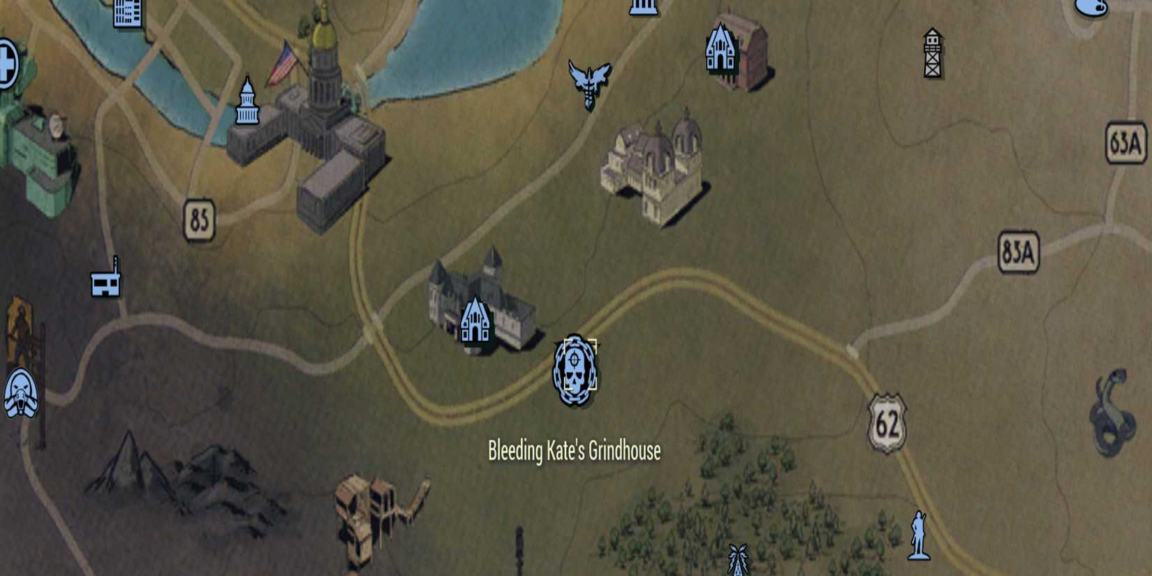 Bleeding Kate's Grindhouse location marked on the map in Fallout 76