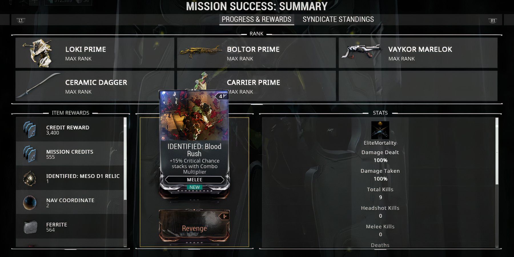 The Warframe character is showing the stats for the Blood Rush mod.