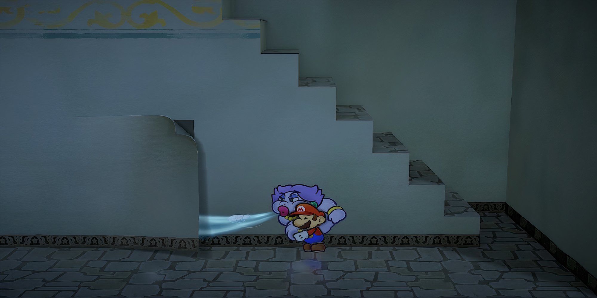 Blowing a panel with Flurrie in Paper Mario The Thousand-Year Door