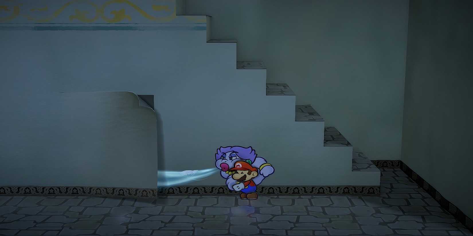 Blowing a panel with Flurrie in Paper Mario The Thousand-Year Door
