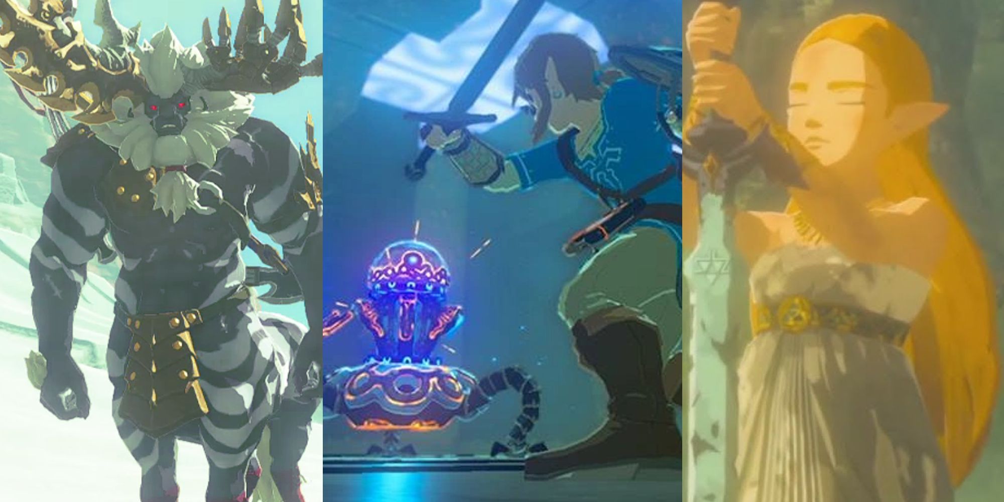 White-haired Lynel in the snow; Link fighting a Guardian Scout; Zelda holding the Master Sword