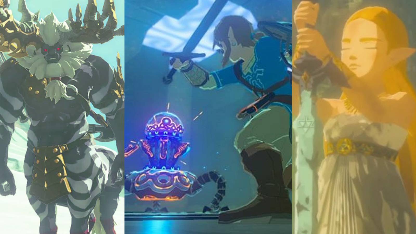 White-haired Lynel in the snow; Link fighting a Guardian Scout; Zelda holding the Master Sword