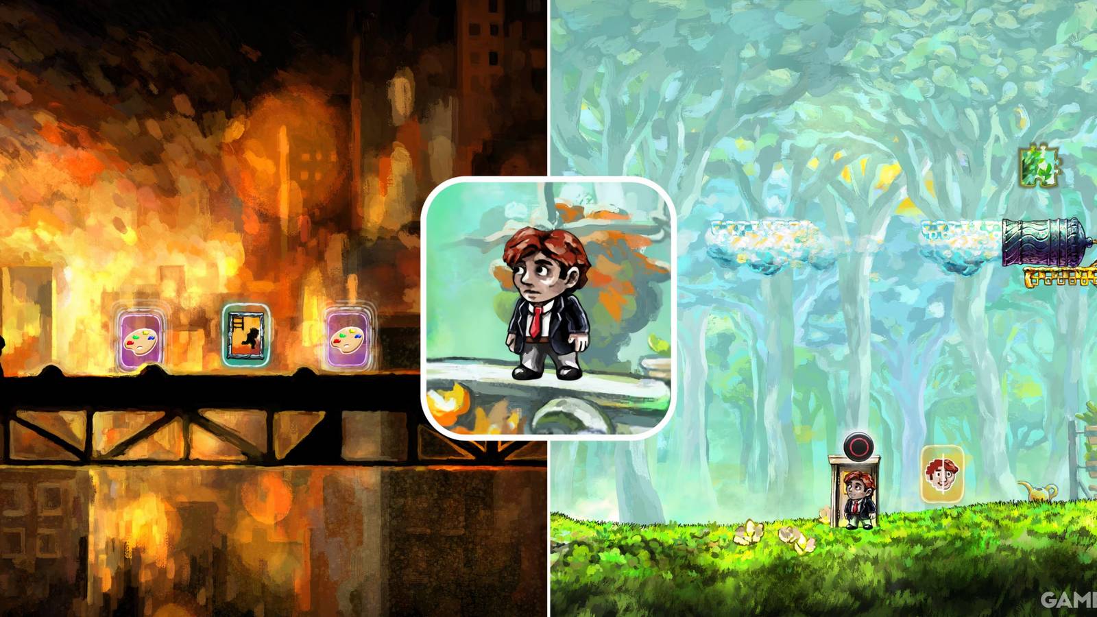 A split image of different locations in Braid, Anniversary Edition