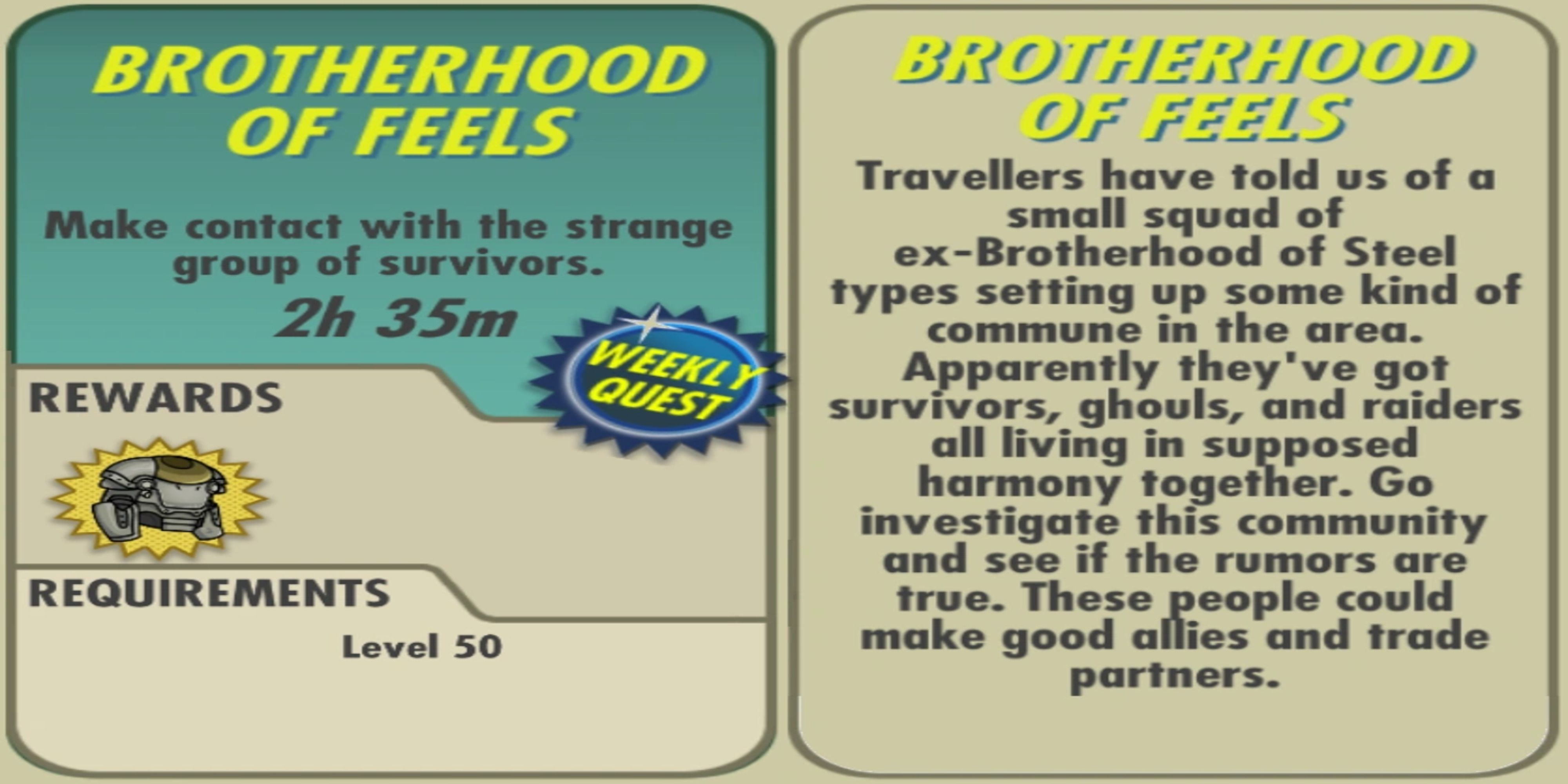 The Brotherhood of Feels weekly quest card in Fallout Shelter.