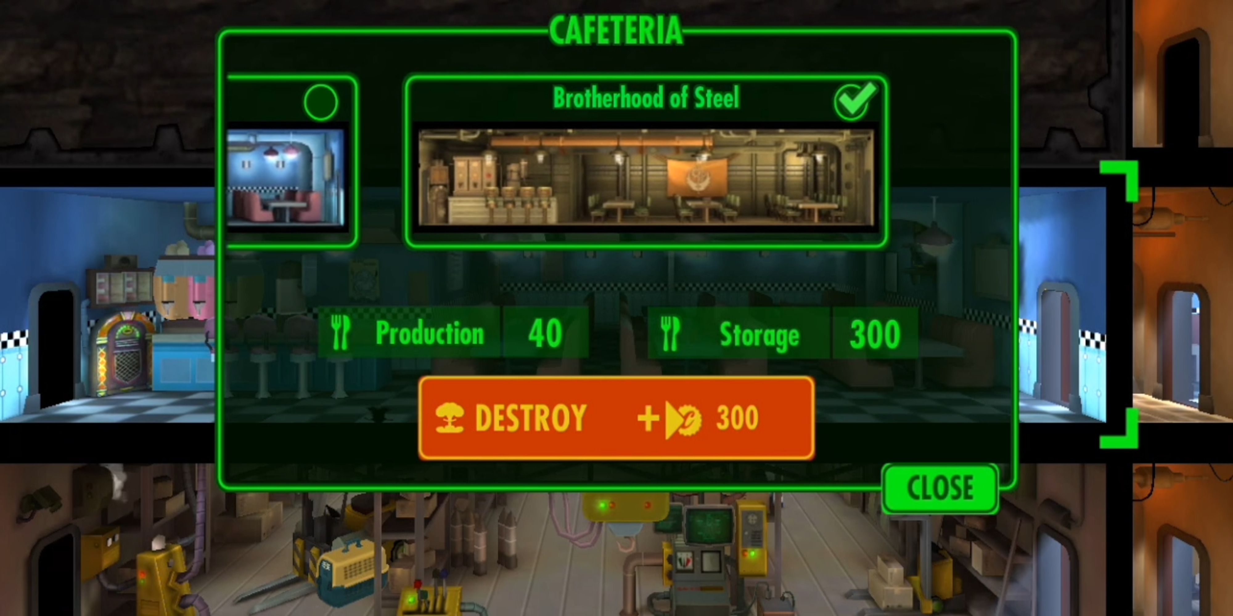 Applying the Brotherhood of Steel Diner theme in Fallout Shelter.