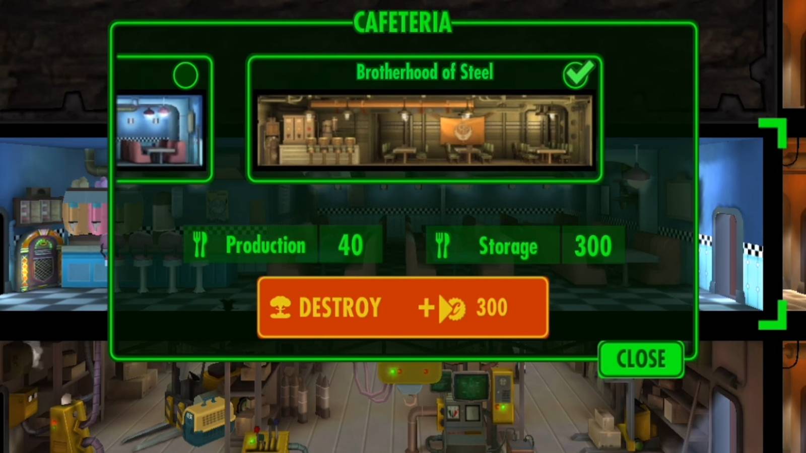 Applying the Brotherhood of Steel Diner theme in Fallout Shelter.