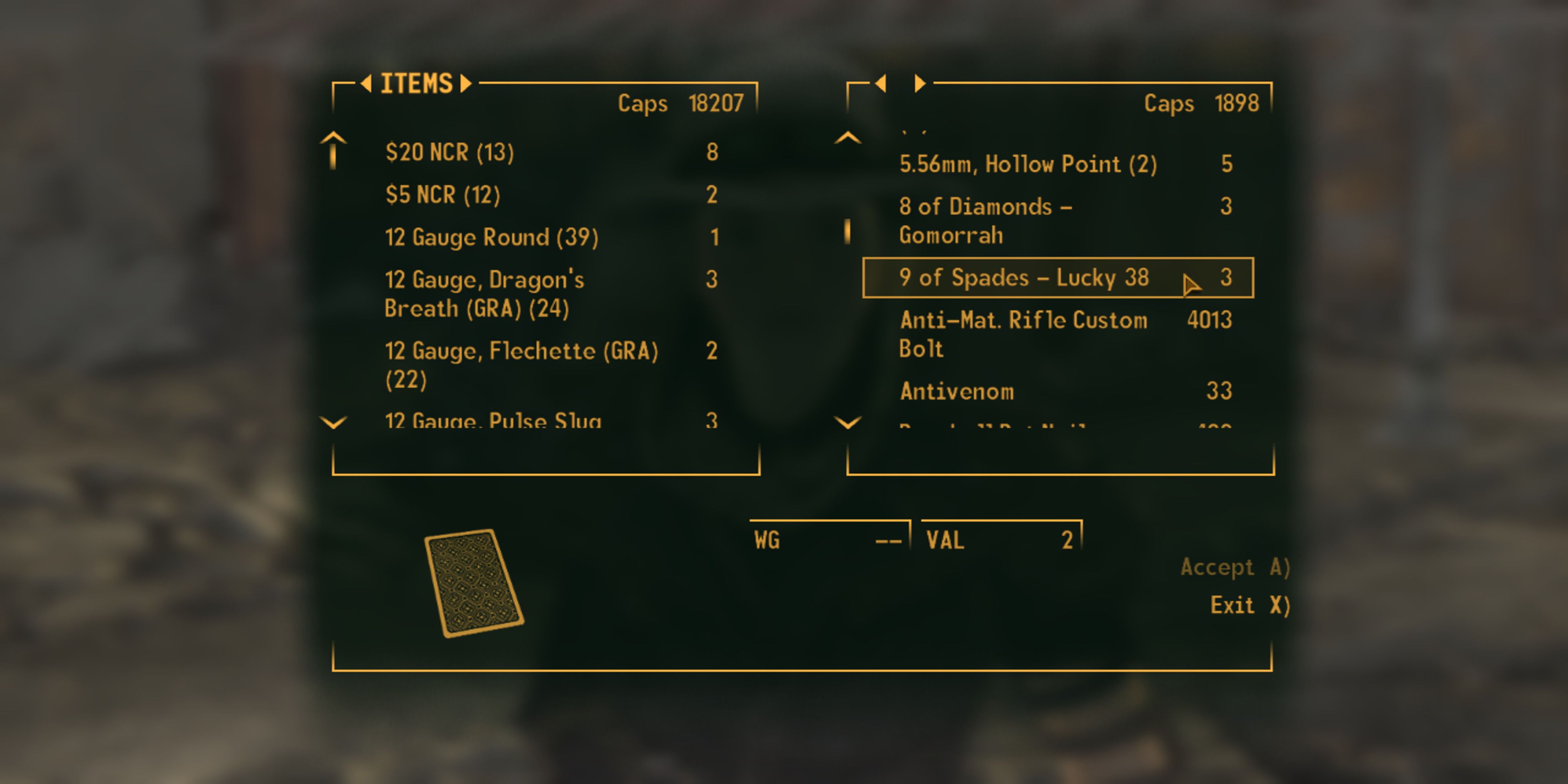 Buying the 9 of Spades card from a Traveling Merchant in North Vegas Square in Fallout New Vegas.