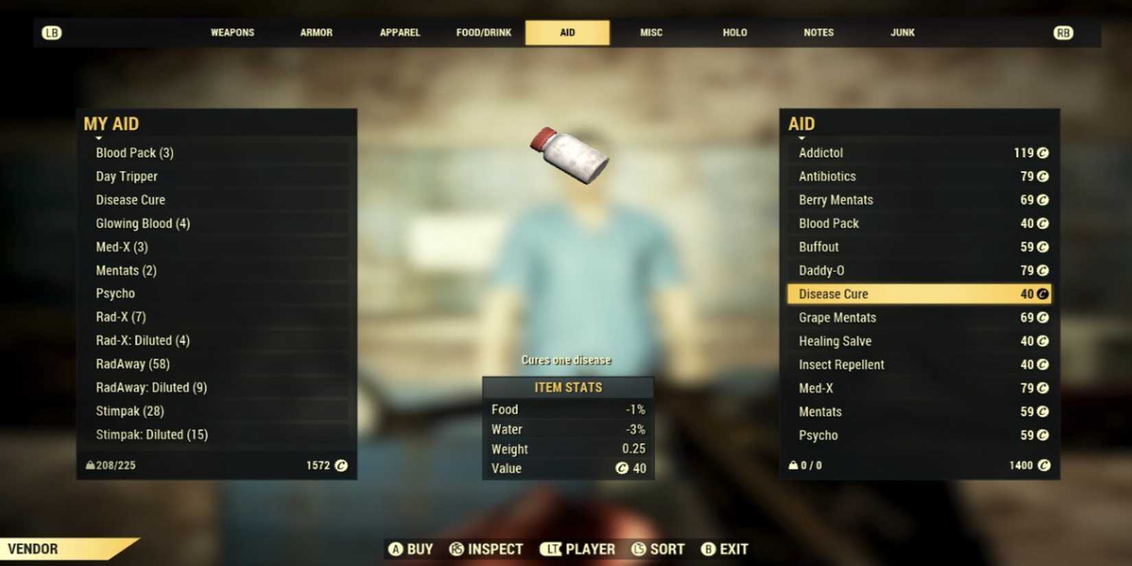 Buying Disease Cure for 40 Caps from Del Walsh Nuka World on Tour in Fallout 76