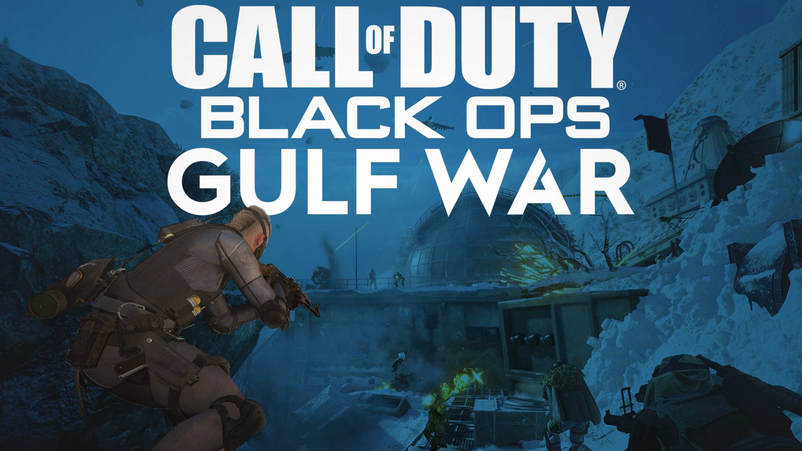 Call of Duty Black Ops Gulf War mockup logo on blue tinted BlOps Cold War promo screenshot snow fight