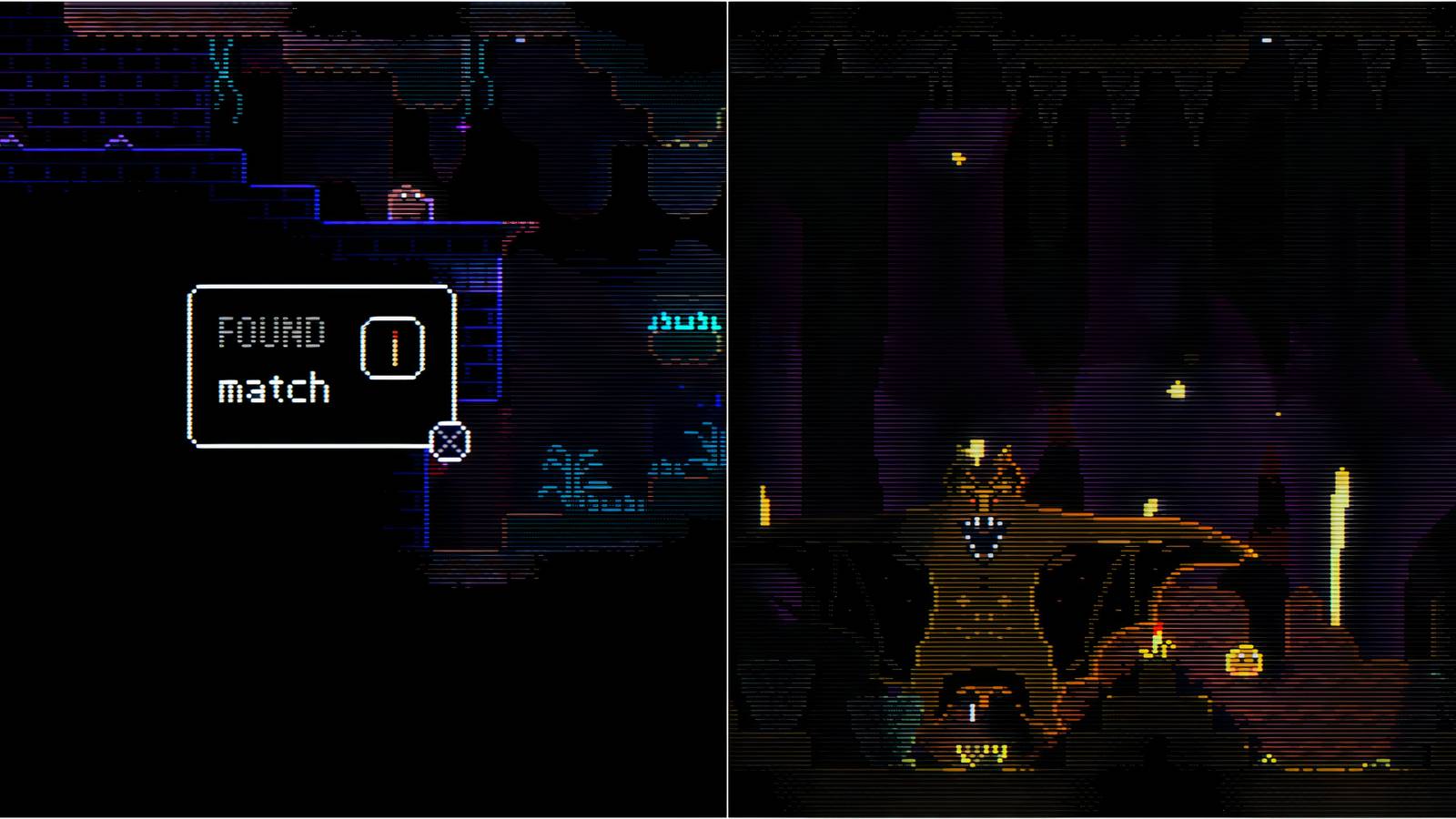 Split image showing a match and the bat boss fight in Animal Well
