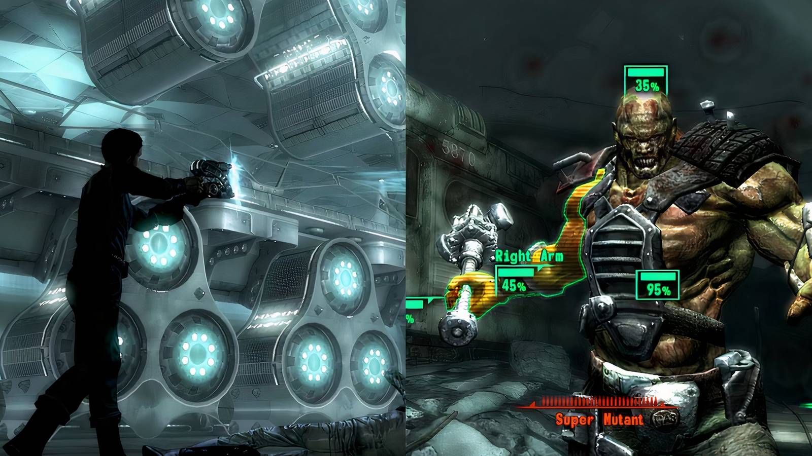 Character firing pistol and using V.A.T.S on a super mutant in Fallout 3