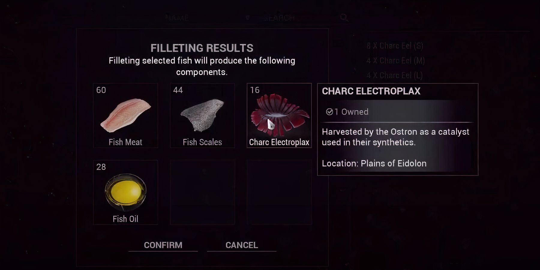 The Warframe character is displaying the Charc Electroplax they harvested from the Charc Eels.