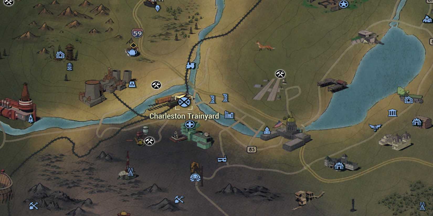 Location of the Charleston Trainyard, in the Forest Region, marked on the map in Fallout 76.