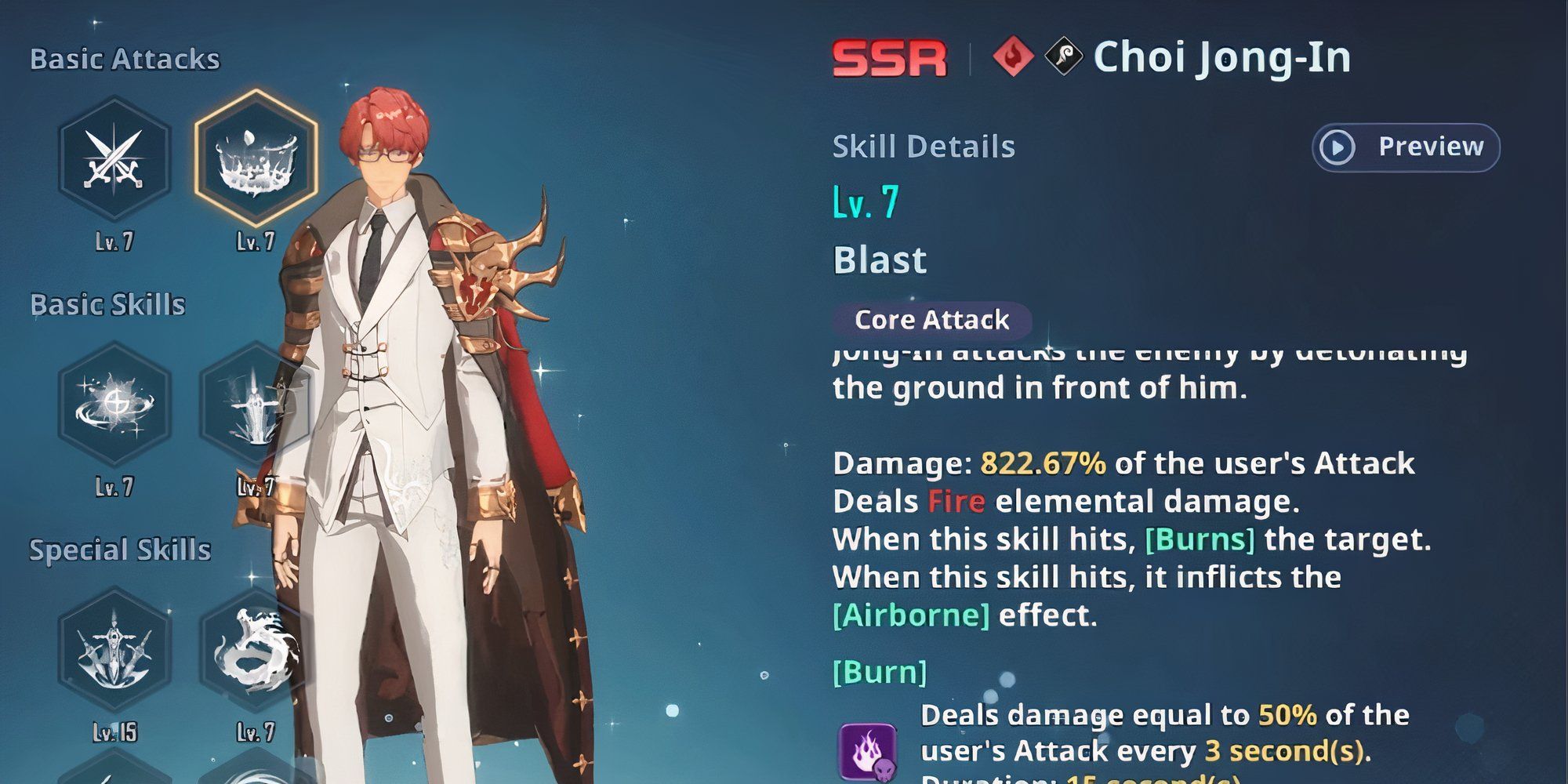 Choi Jong-In character showcase with his skill details
