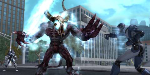 Characters fighting a monster in City Of Heroes: Homecoming