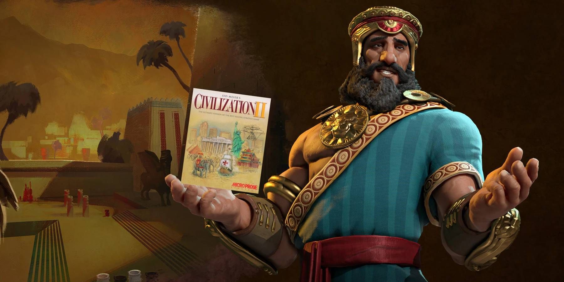 Gilgamesh from Civilization 6 holding Civilization 2