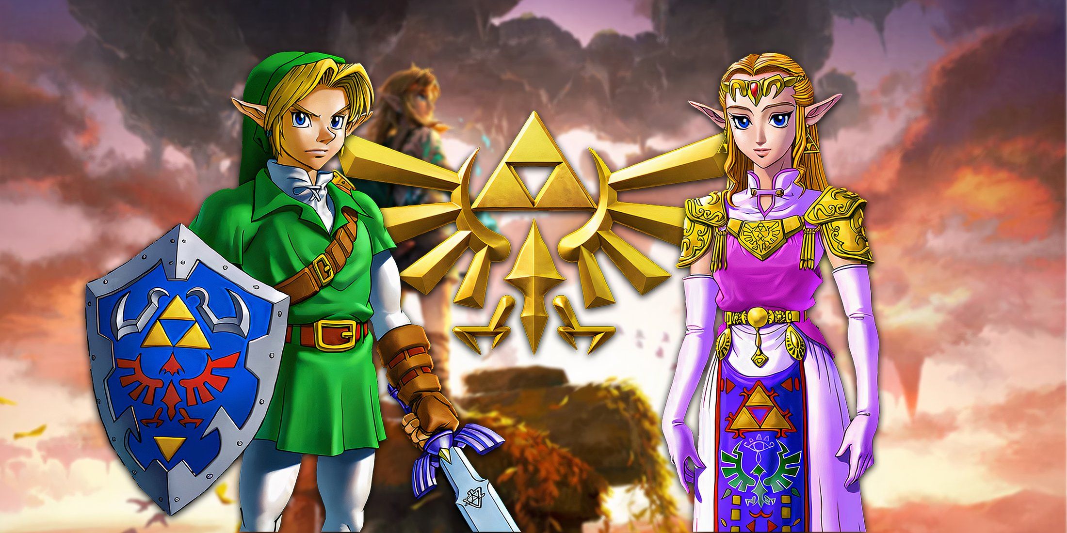 Classic Link and Zelda with Triforce logo over Tears of the Kingdom background