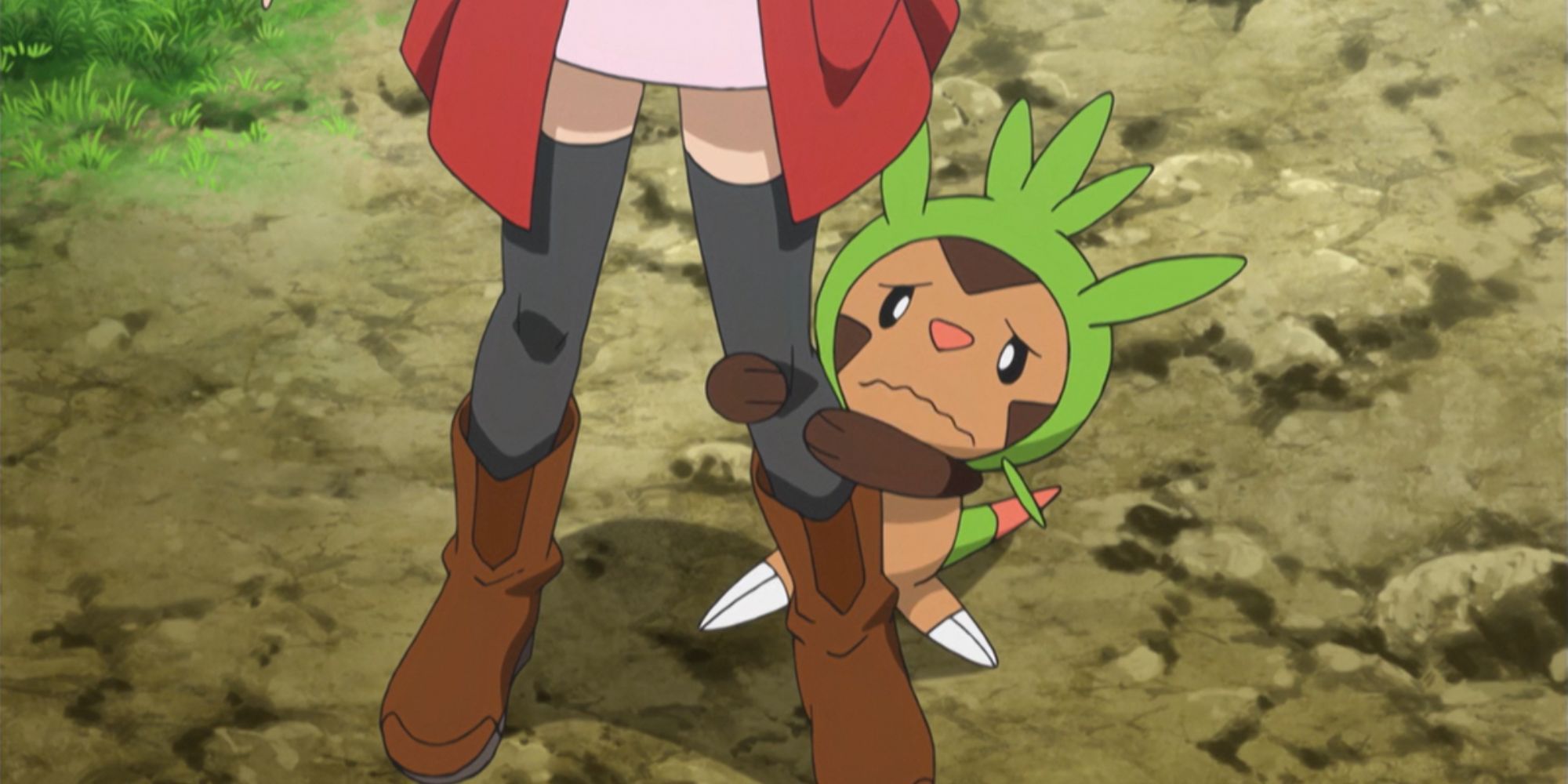 Clemont's Chespin hides behind Serena.