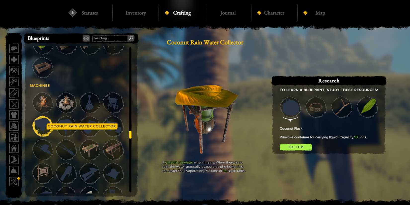 coconut rain water collector in survival fountain of youth